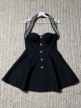 FASHIONOVA- Black Rhinestone Halter Fit-and-Flare Mini Dress